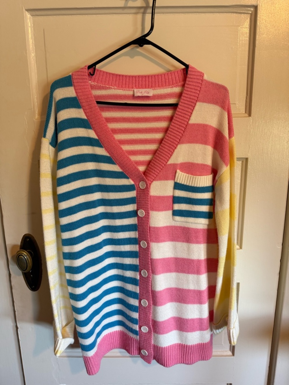 Pink Lily Striped V-Neck Button Cardigan - Pink, Blue, Yellow, White